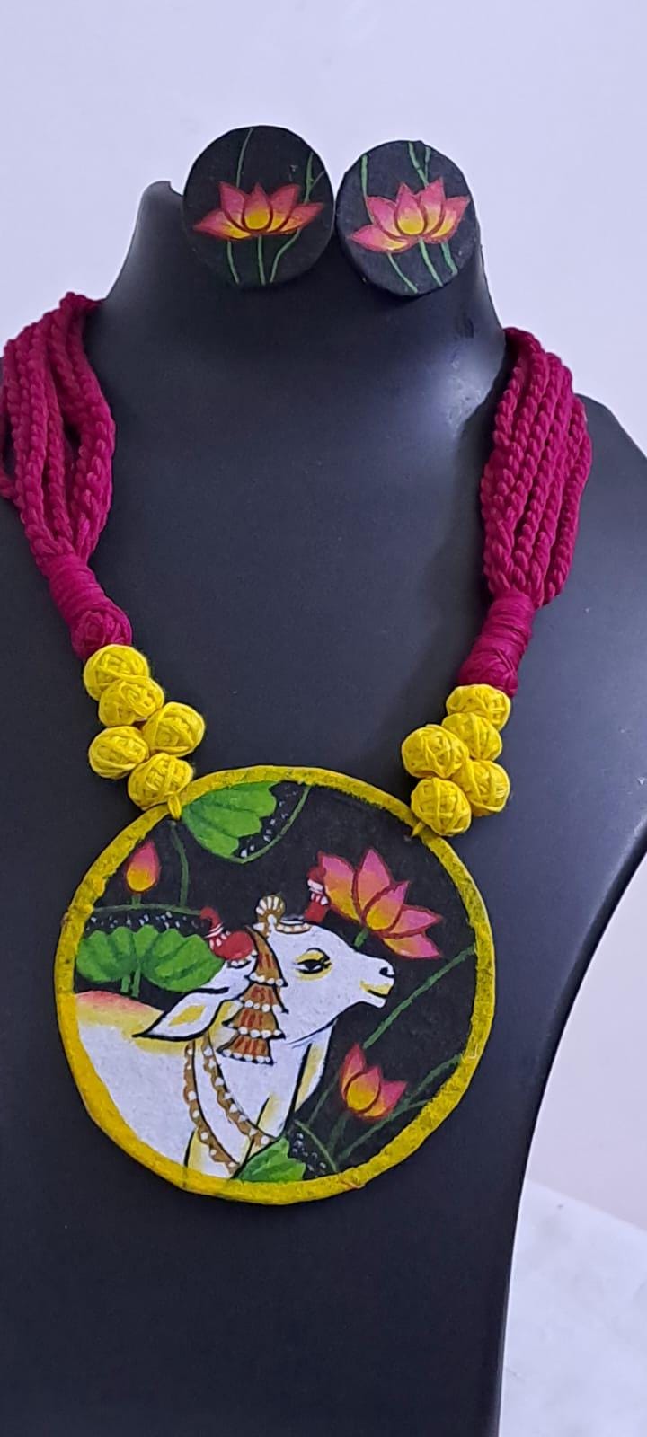 Handpainted fabric jewellery set with matching earrings