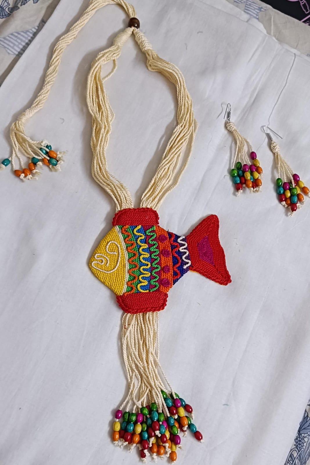 Multi colour thread fish pendant Jewellery. set with matching thread earrings
