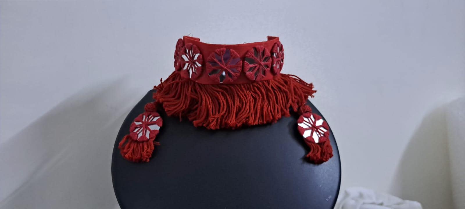 Red thread n Glass work handmade choker necklace with glass work earrings