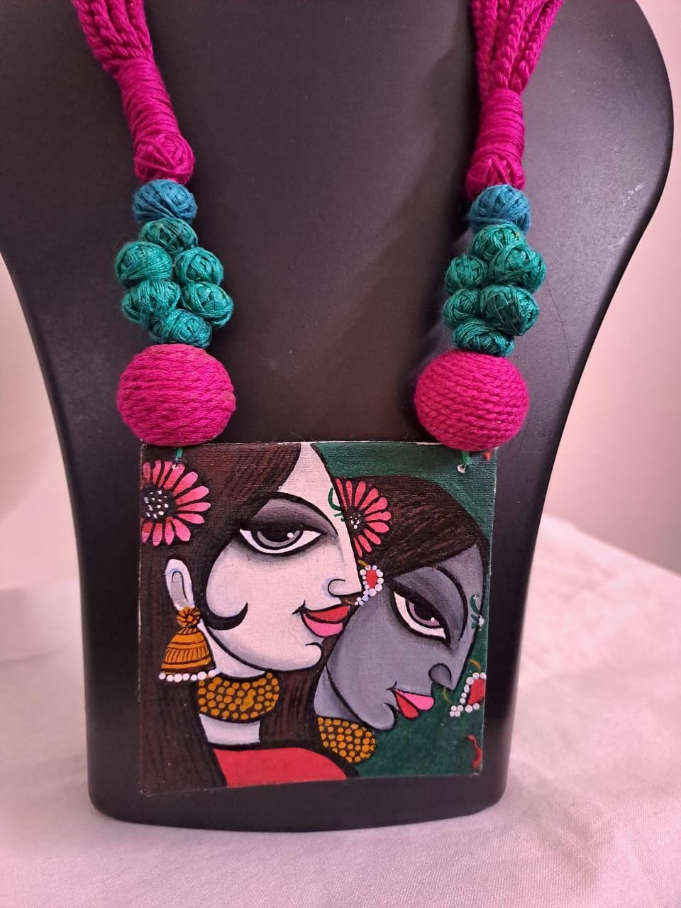 Handpainted fabric jewellery set with matching earrings