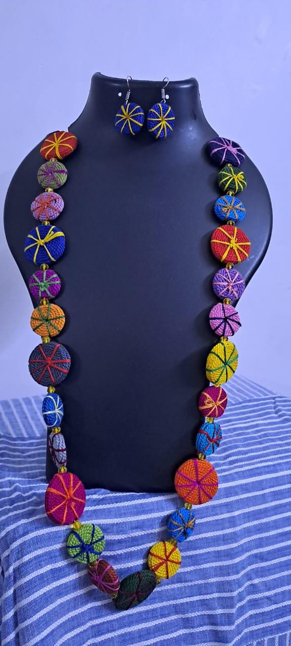 Exclusive multicoloured flat thread beads long necklace set with matching earrings (blue)