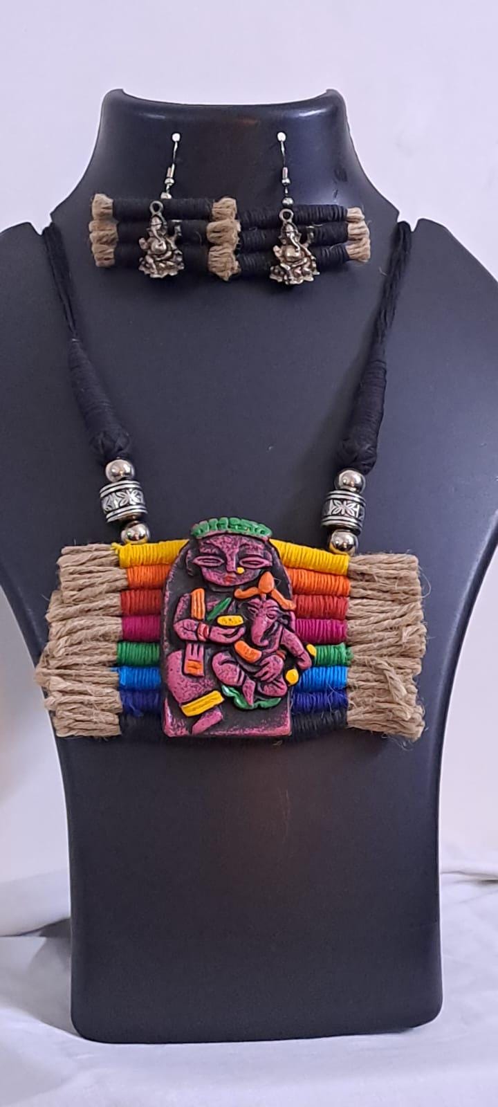 Terracotta Ganesha & Parvati pendant jute necklace set with matching earrings