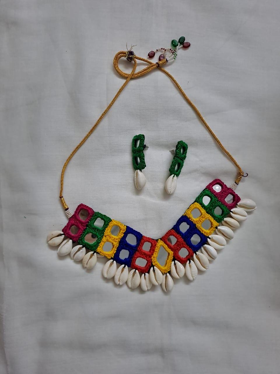 Kutchwork glass necklace set with shell fringes n matching earrings
