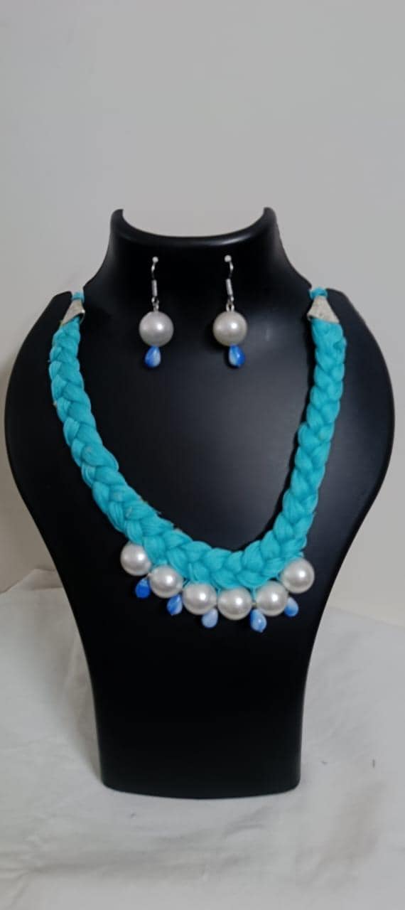 Blue  braided thread necklace with pearl n pearl danglers