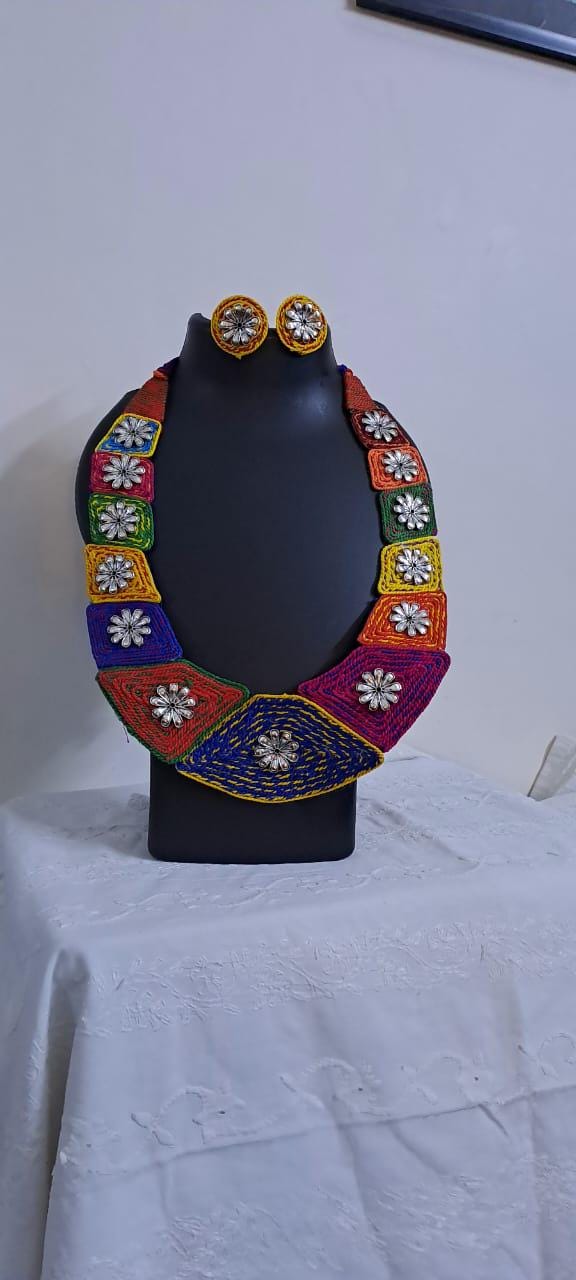Exclusive  necklace set with multiple thread n  silver oxidised pendants n matching earrings