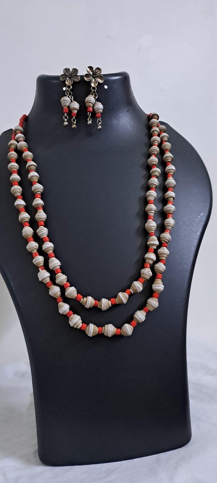 Brown paper beads n red glass beads necklace set