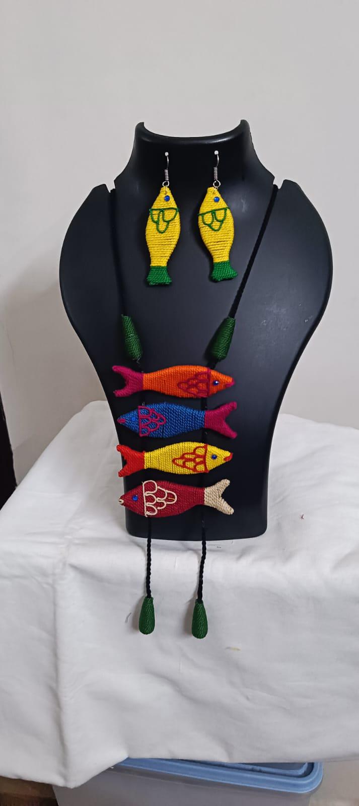 Multi colour crochet thread necklace with fish pendant and matching thread earrings