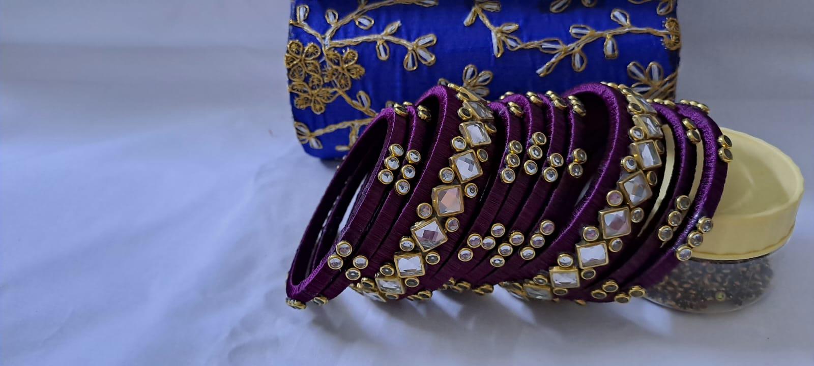 Purple colour traditional thread kundan bangles with zari bangle box