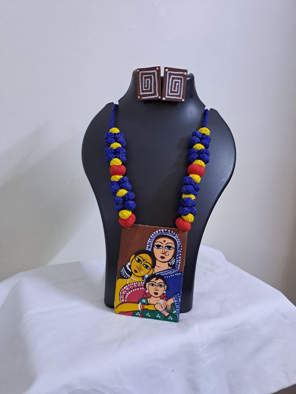 Handpainted fabric jewellery set with matching earrings