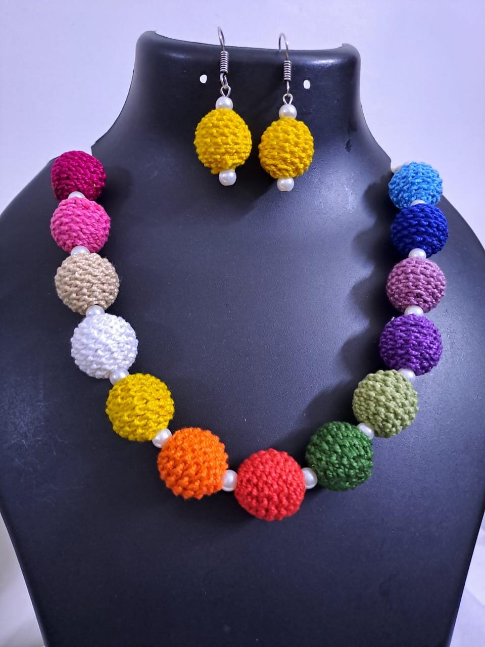 Crochet thread beads necklace set with matching earrings