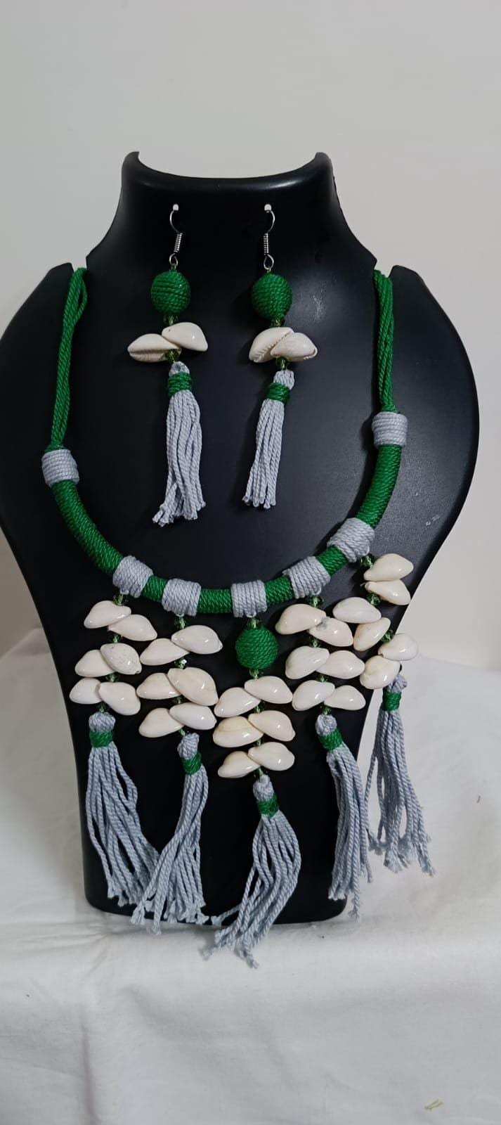 Exclusive green n grey hasuli thread necklace set with shell fringes n matching earrings