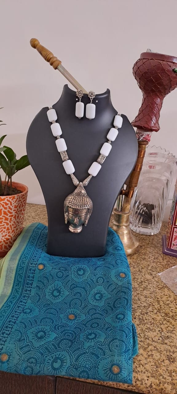 white square glass beads necklace with buddha pendant