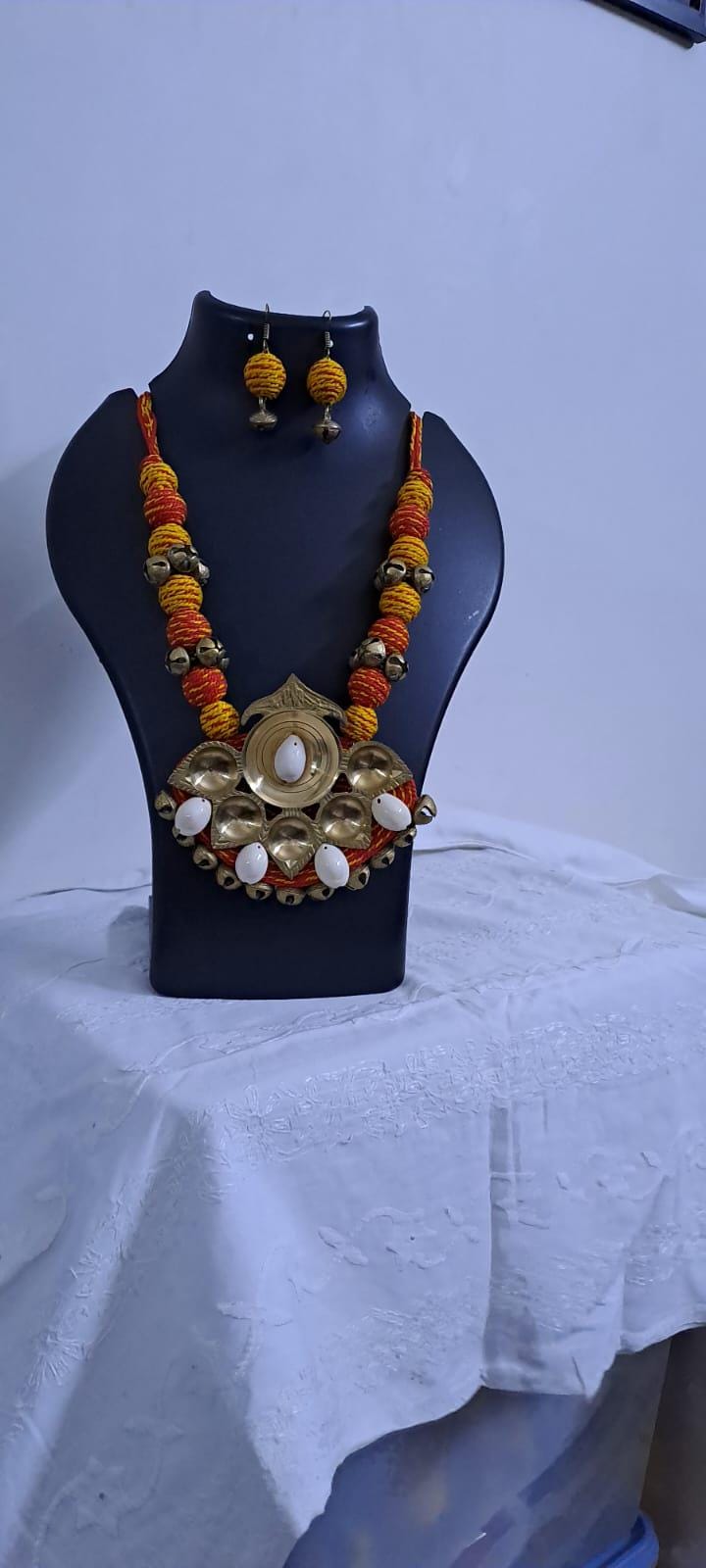 Red yellow thread beads necklace set with dokra pendant n matching earrings
