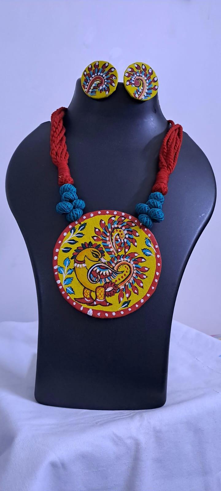Handpainted fabric necklace set with earrings