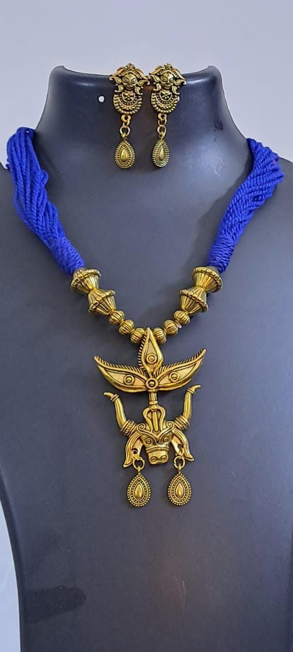 Blue thread necklace with Golden oxidised traditional pendant
