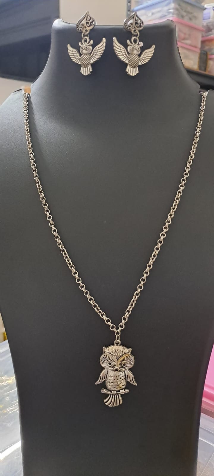 Oxidised silver chain with owl pendant and matching earrings.