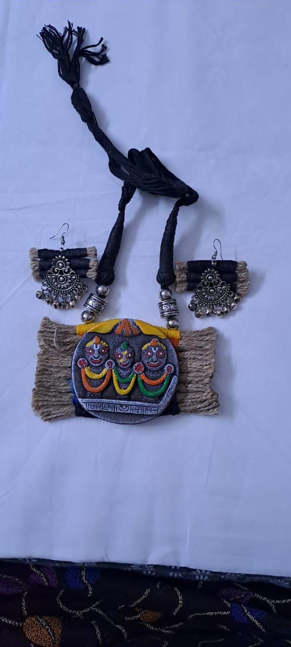Terracotta Lord Jagannath pendant jute necklace set with matching earrings