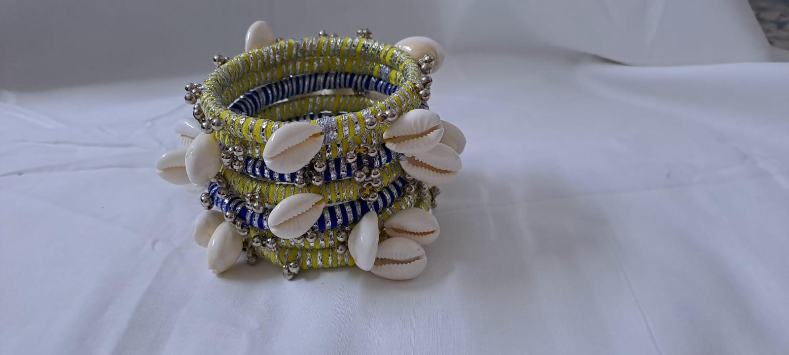 Yellow and blue colour traditional zari thread and kori bangles (set of 7 bangles)