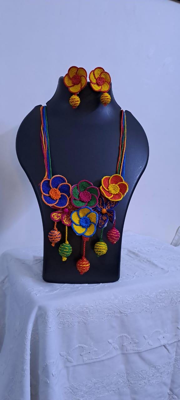 Multi colour flower thread necklace with thread bead fringes and matching earrings