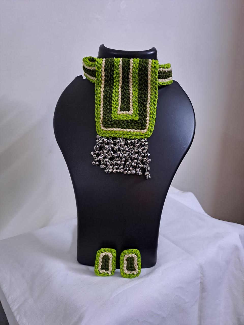 Green Crochet thread necklace set with matching earrings