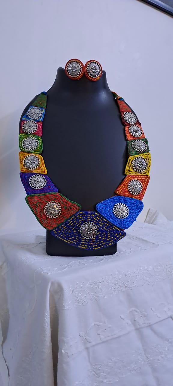Exclusive  necklace set with multiple thread n  silver oxidised pendants n matching earrings