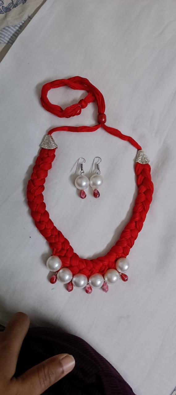 Red  braided thread necklace with pearl n pearl danglers