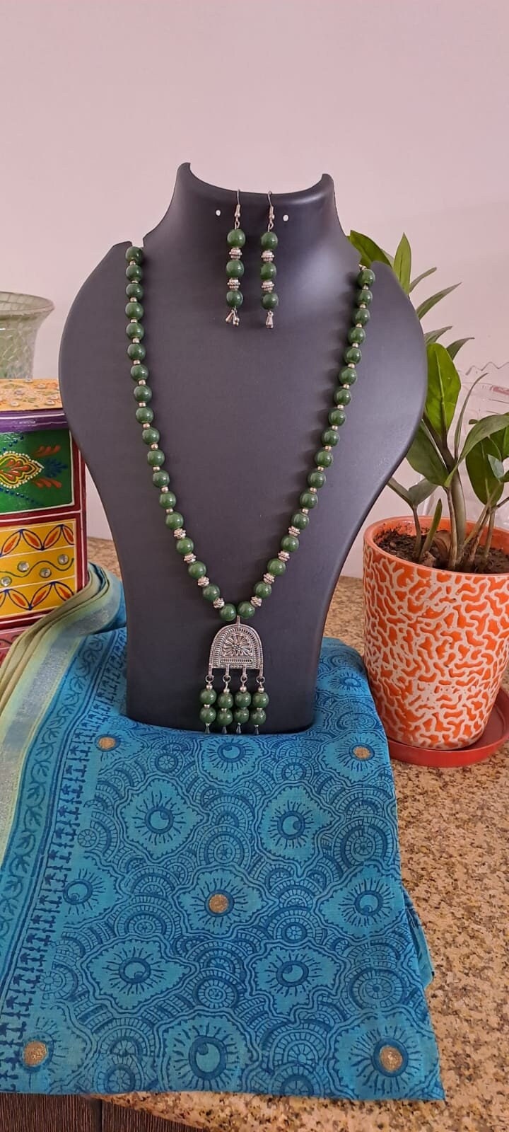 Green glass beads necklace with silver oxidised pendant