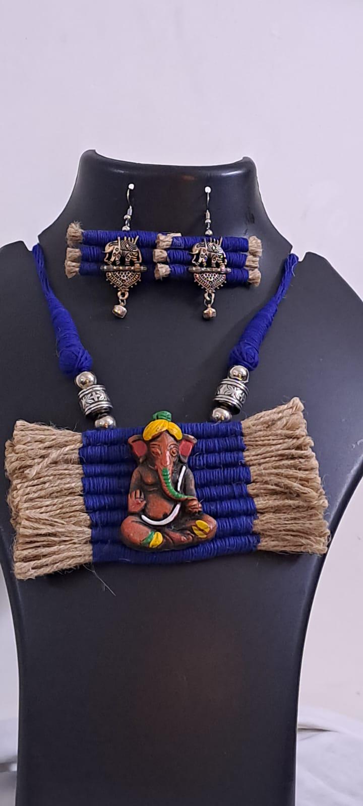 Terracotta Ganesha pendant jute necklace set with matching earrings