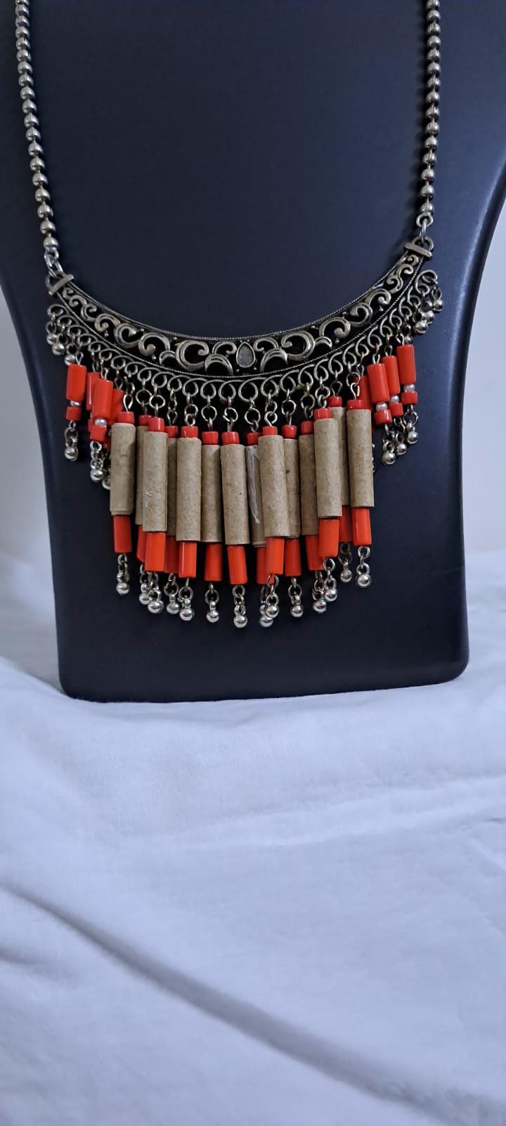 Silver oxidised pendant necklace set with paper beads fringes
