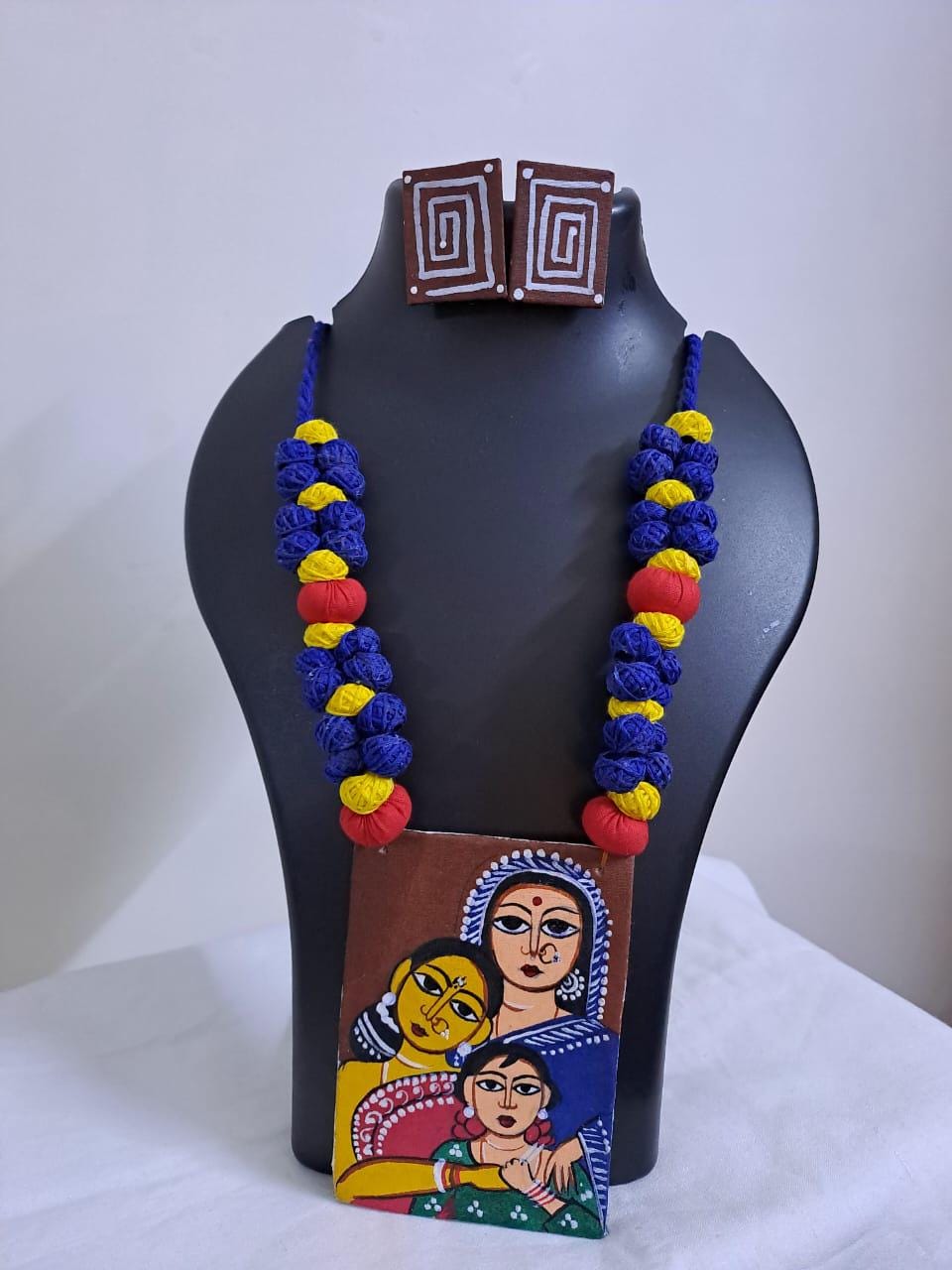 Handpainted fabric jewellery set with matching earrings