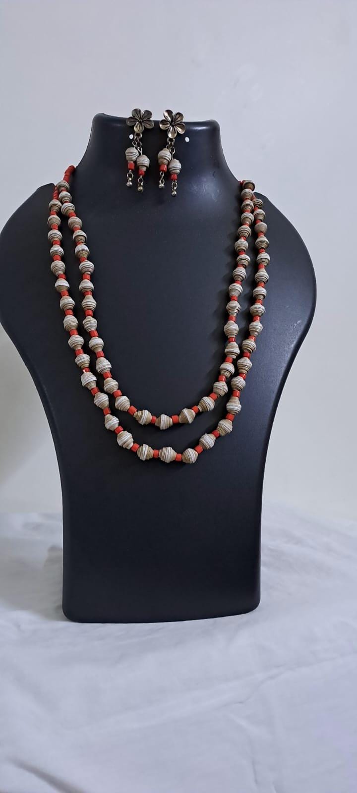 Brown paper beads n red glass beads necklace set