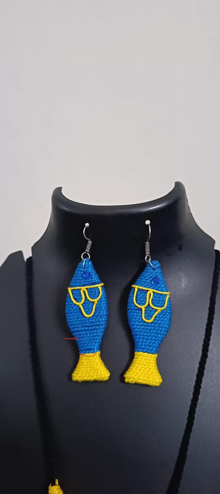Multi colour crochet thread necklace with fish pendant and matching thread earrings