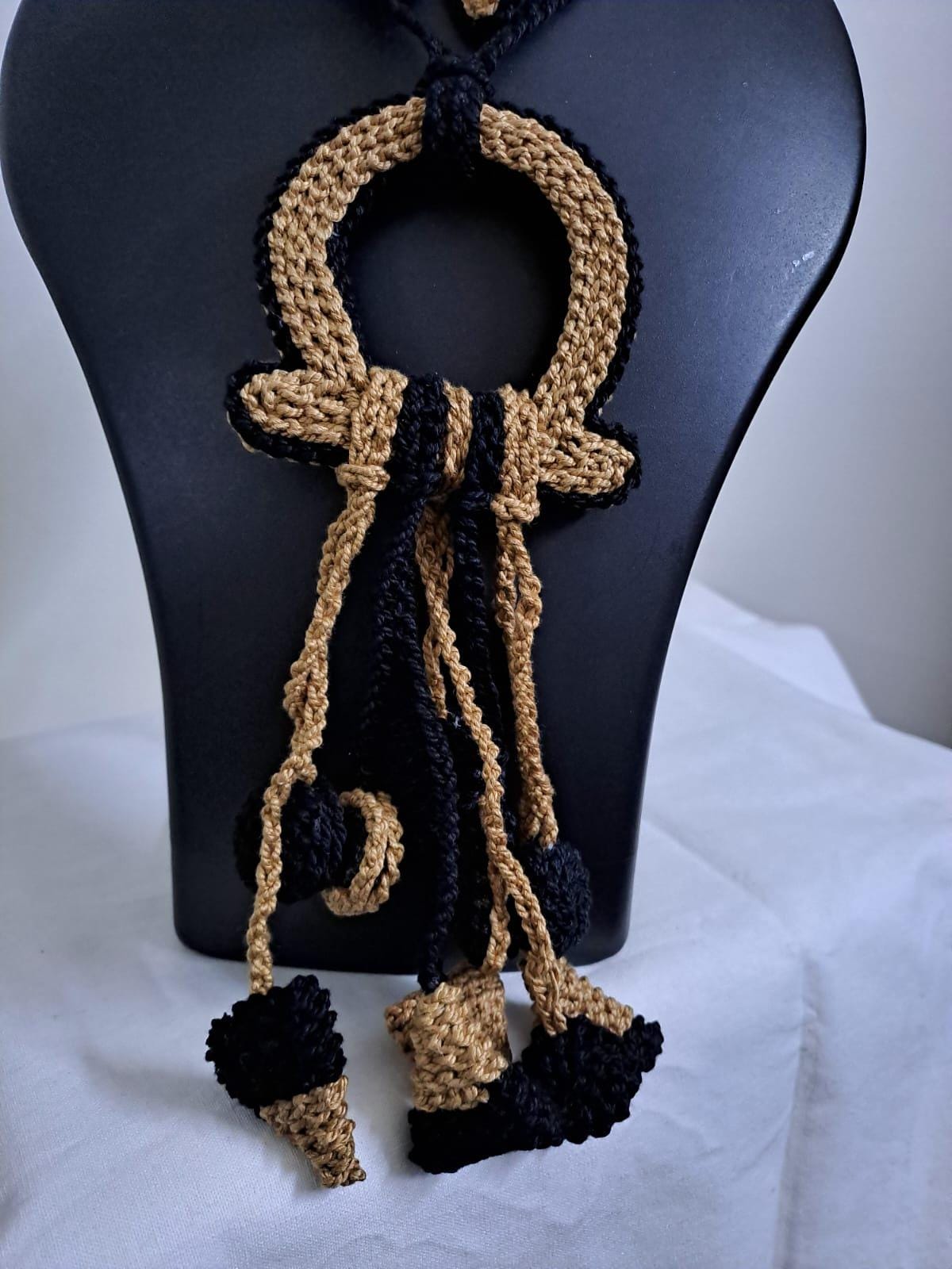 Crochet thread necklace set with fringes and matching earrings