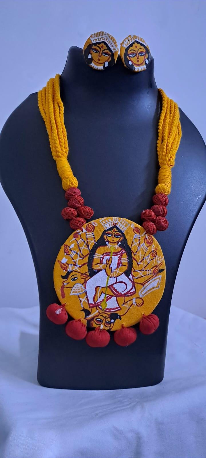 Handpainted fabric jewellery set with matching earrings