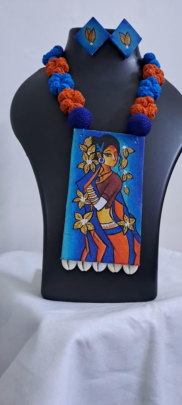 Handpainted fabric necklace set with earrings