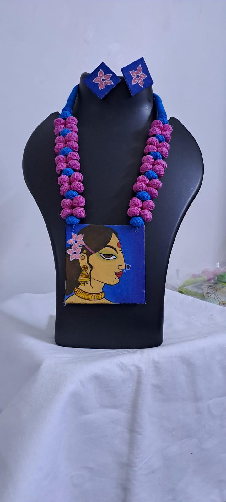 Handpainted fabric jewellery set with matching earrings