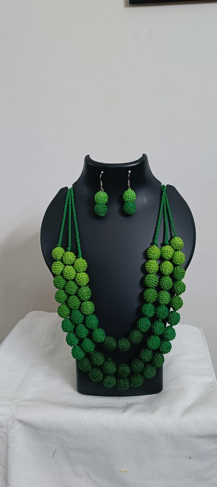 Exclusive 3 layered  green thread beads necklace set with matching earrings