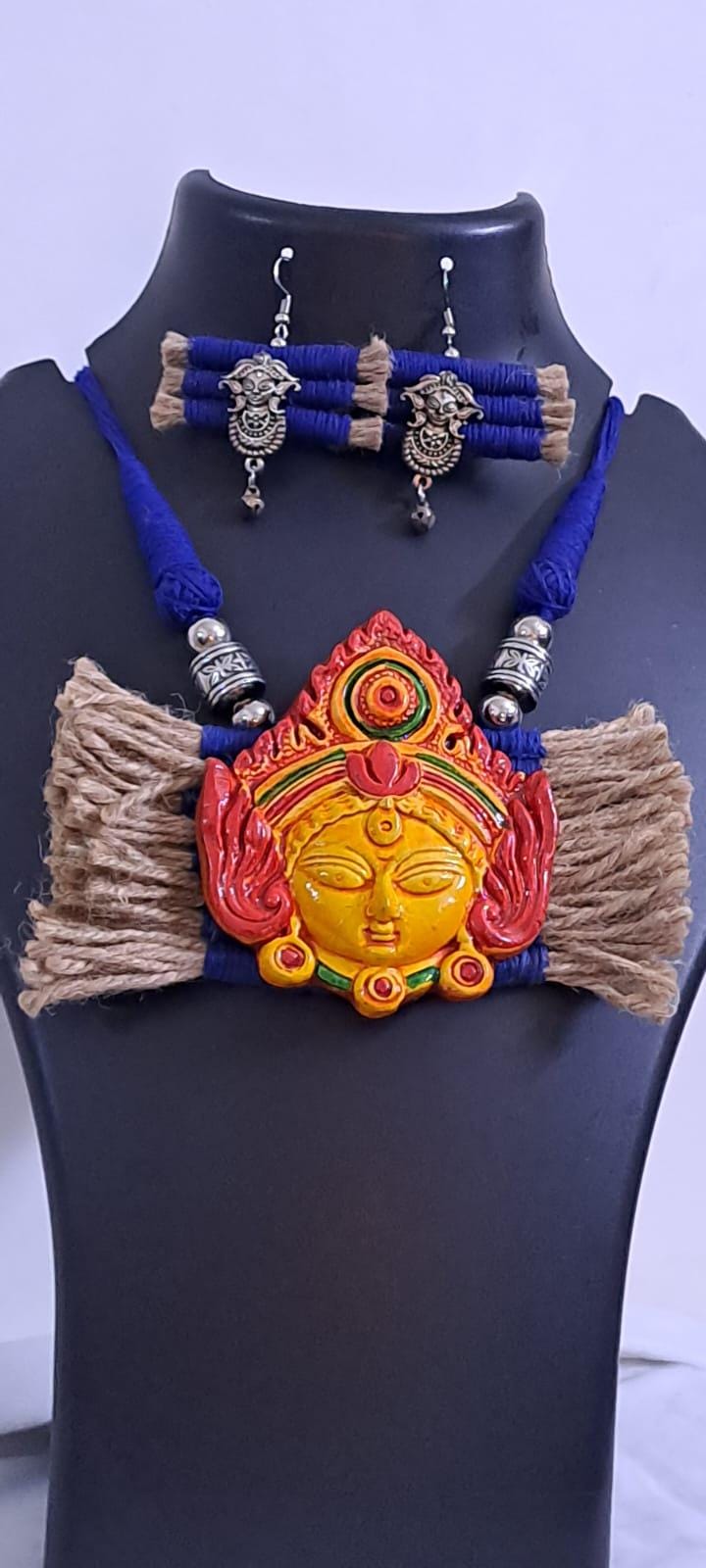 Terracotta Durga pendant jute necklace set with matching earrings