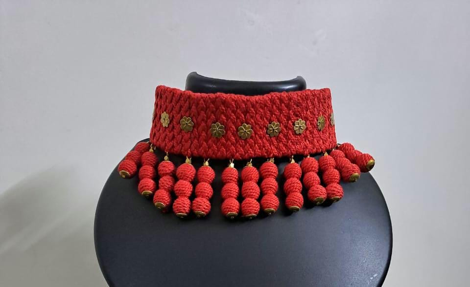 Braided red choker necklace set with fringes n matching earrings