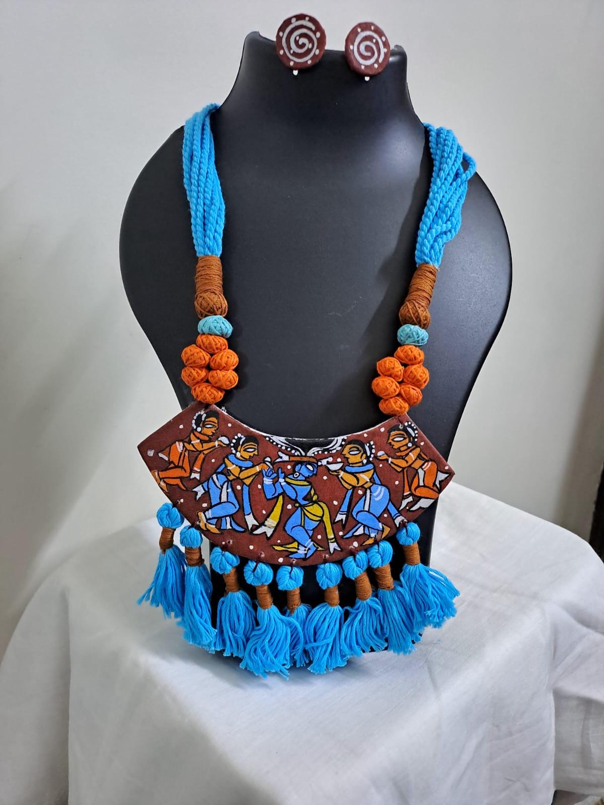 Handpainted fabric jewellery set with matching earrings