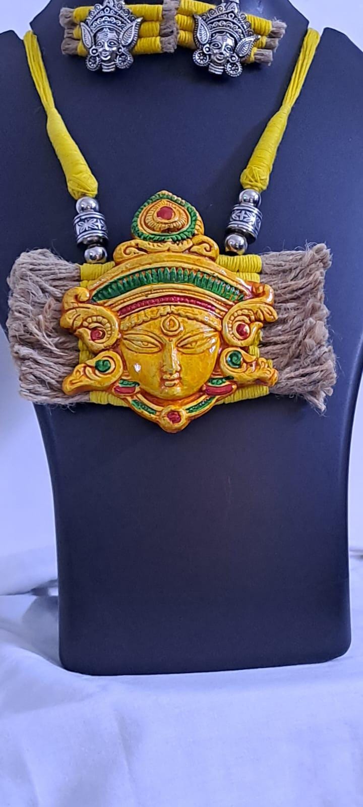 Terracotta Durga pendant jute necklace set with matching earrings