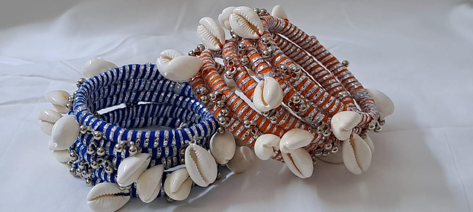Orange and blue colour traditional zari thread and kori bangles (set of 10 Bangles)