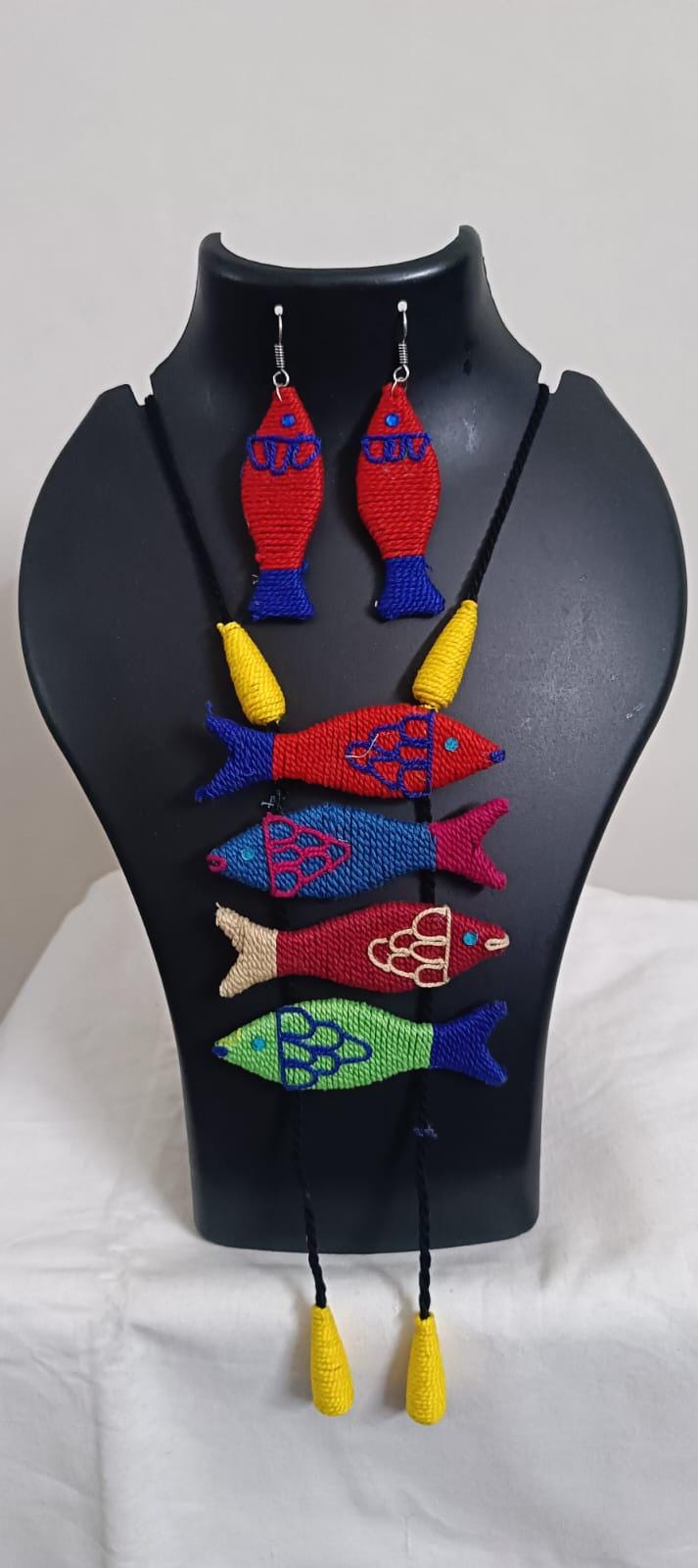 Multi colour crochet thread necklace with fish pendant and matching thread earrings
