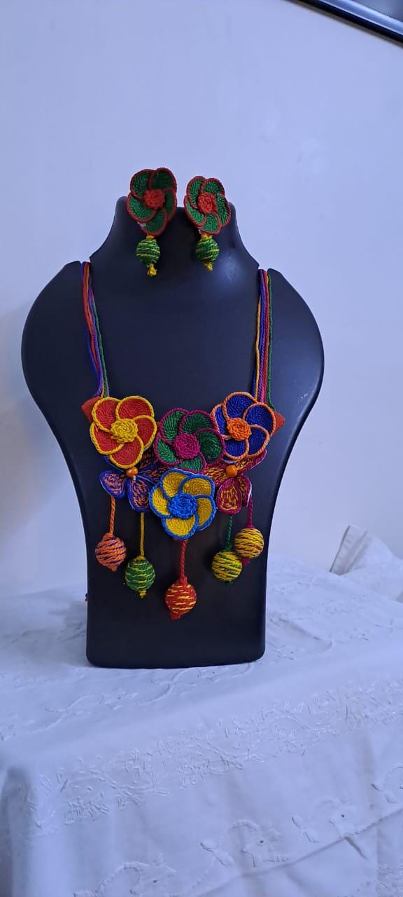Multi colour flower thread necklace with thread bead fringes and matching earrings