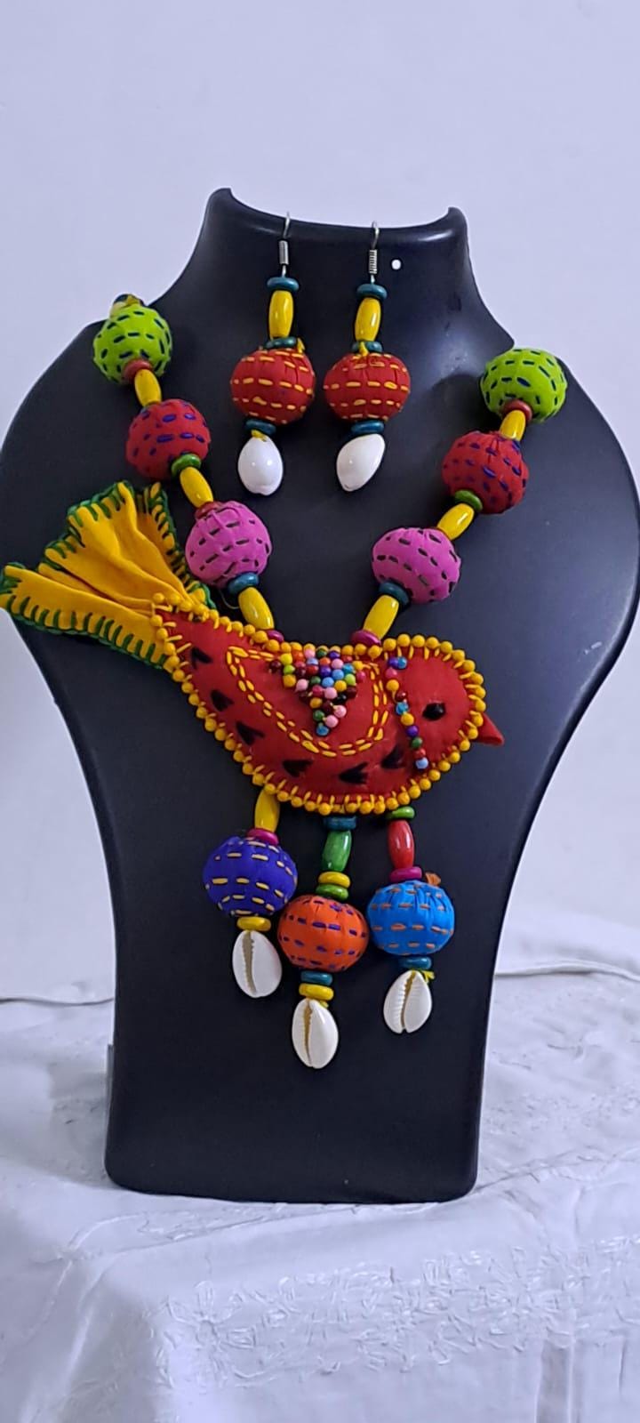 Exclusive fabric necklace with embroidered red fabric bird pendant and fabric beads n matching beads