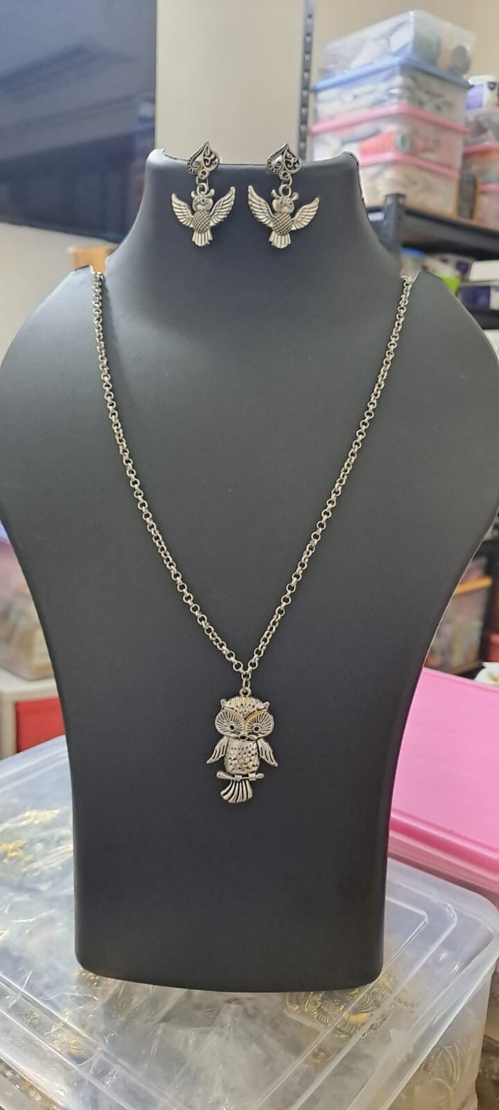 Oxidised silver chain with owl pendant and matching earrings.