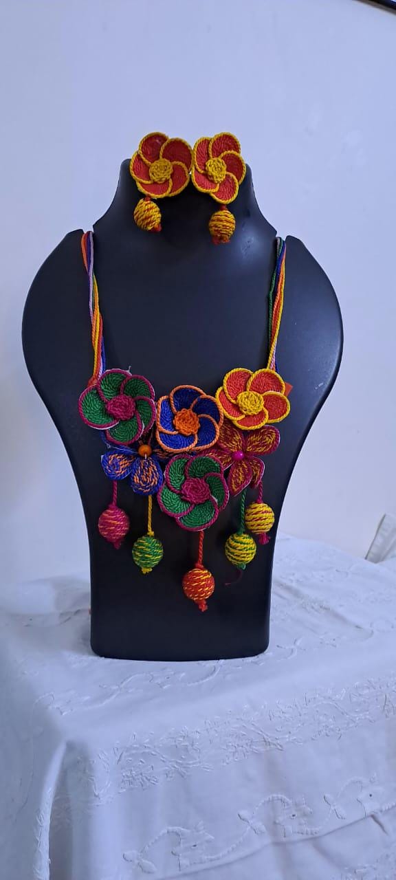 Multi colour flower thread necklace with thread bead fringes and matching earrings