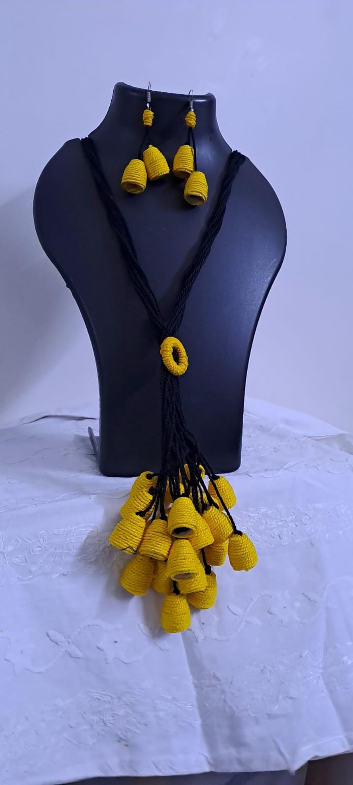 Yellow thread necklace with multiple thread aparajita flower fringes n matching earrings