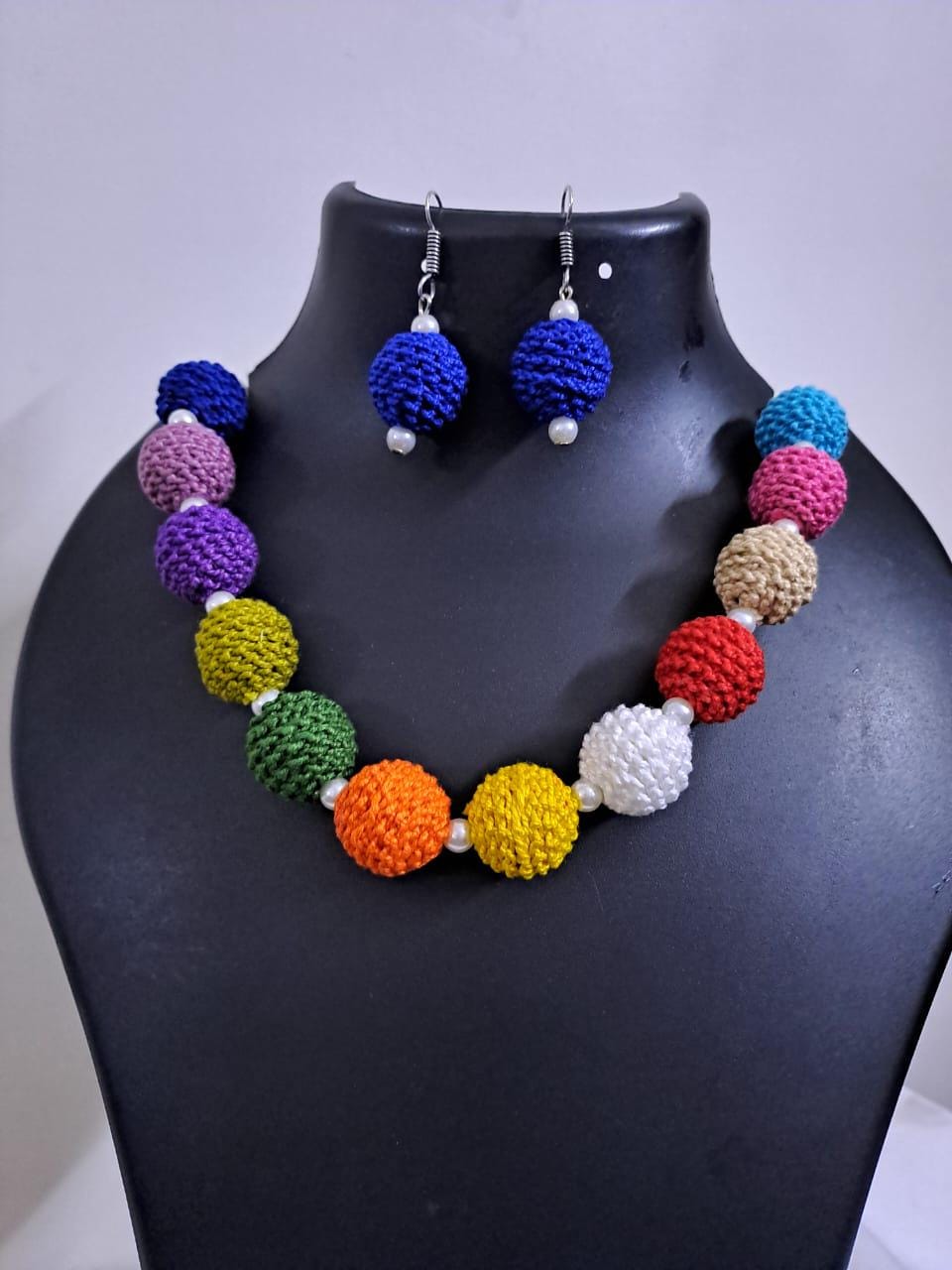 Crochet thread beads necklace set with matching earrings
