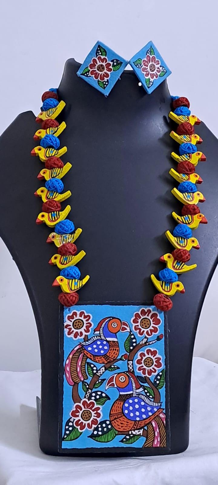 Handpainted fabric necklace set with earrings